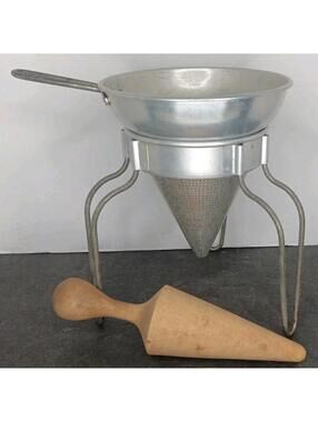 Vtg Wear-Ever No. 8 Aluminum Sieve Strainer w/ Wood Pestle, Stand Removable Legs